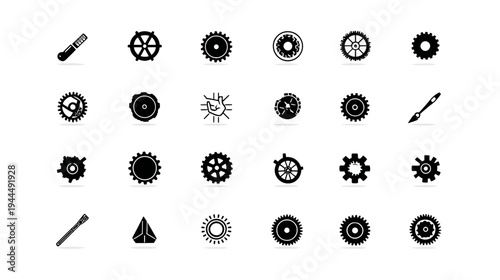 Comprehensive set of black gear and cog vector icons on white, ideal for industrial, mechanical, engineering, and technology designs.