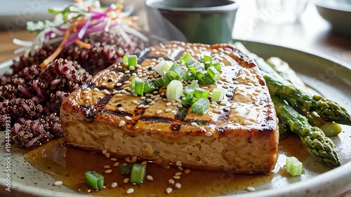 Gourmet dish presentation featuring grilled tofu and accompaniments on a plate