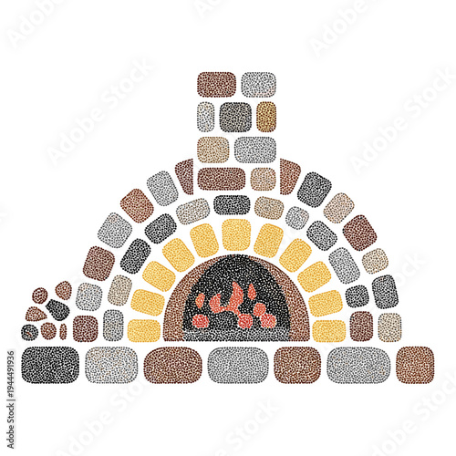 Stylized stone fireplace with glowing embers and chimney, rendered in a dot art style