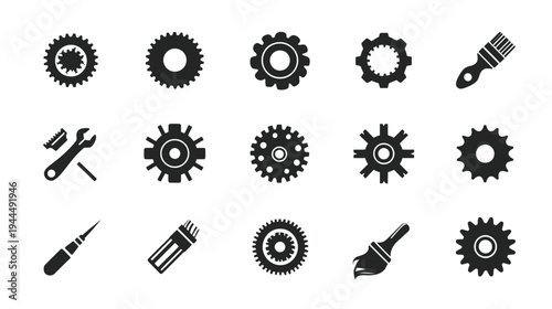 Collection of black silhouette gear, cogwheel, and general tool icons. Vector set for industrial, mechanical, and craft concepts.