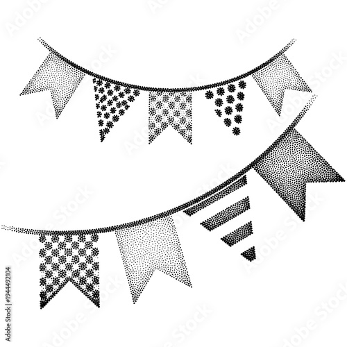 Festive bunting flags with various patterns in a stippled black and white design