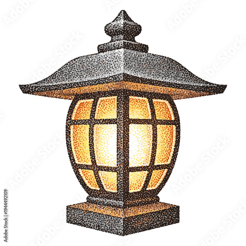 Traditional Japanese garden lantern with warm glowing light, stippled illustration