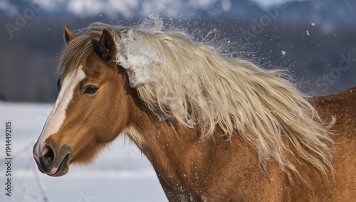 Shaking chestnut horse tossing flaxen mane in snowy pasture, showing snow chunks and white blaze