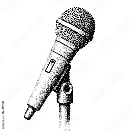 Vintage microphone on stand rendered in stippling technique, black and white illustration