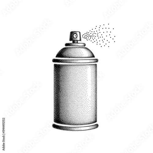 Stippled spray can emitting a cloud of dots, isolated on a white background