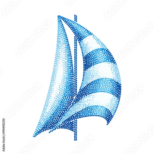 Abstract sailboat sail made of blue dots with white stripes on a white background