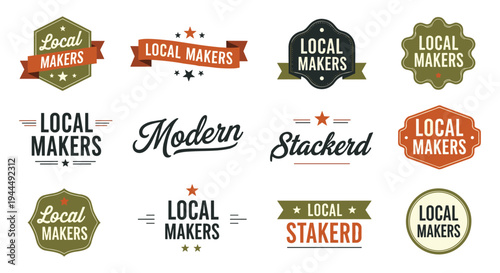 Local makers logos, vintage badges, retro typography, handcrafted design, artisan branding, decorative stars, ribbons, olive orange palette, flat vector illustration