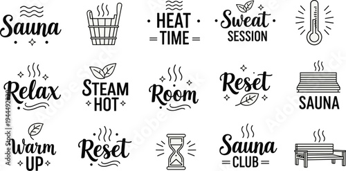 Sauna icons, steam, relaxation, wellness, heat time, sweat session, sauna bucket, thermometer, sauna bench, reset, warm up, flat vector illustration