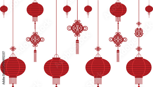 Minimalist Red Chinese Lanterns and Traditional Knots with Double Happiness Symbol Vertical Seamless Border Illustration for Lunar New Year Celebration,