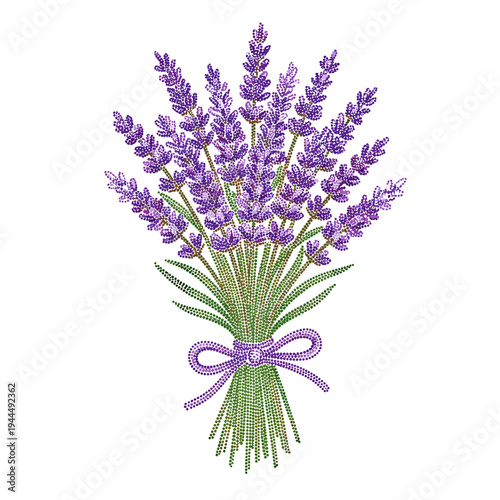 Bouquet of purple lavender flowers tied with a ribbon, rendered in a dotted style