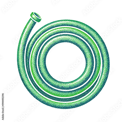 Green garden hose coiled in a circular pattern with a stippled texture