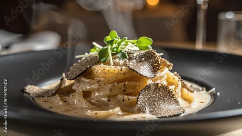 Gourmet pasta dish with fresh truffles and garnishes on dark plate