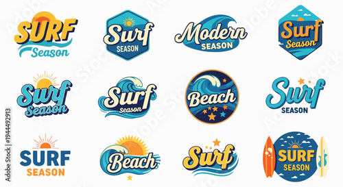 Surf season logos with waves, surfboards, sun, ocean imagery, colorful summer designs, beach theme, vibrant branding graphics, flat vector illustration