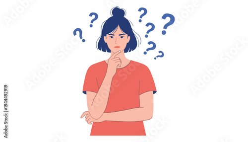 A woman thinking with question marks in a cartoon illustration style