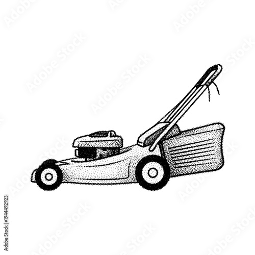 Stippled illustration of a push lawn mower with a grass catcher bag