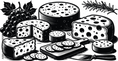 Vintage cheese assortment illustration, hand drawn cheese wheels slices grapes and herbs, gourmet dairy food engraving style