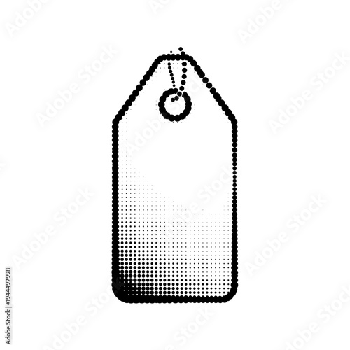 Simple black and white tag icon with a dotted halftone effect and a hole for hanging