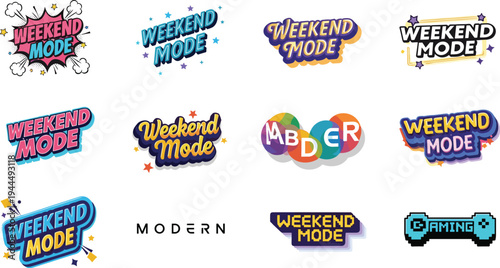Weekend mode typography designs, creative logos, modern lettering, gaming controller, playful style, colorful text, branding concept, social media, merchandise, flat vector illustration