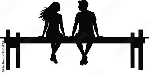Romantic couple sitting on bench silhouette, man and woman talking together, love relationship moment, dating scene illustration, romantic lifestyle concept