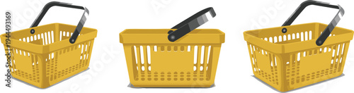 shopping, basket, supermarket, grocery, retail, container, plastic, handle, store, market, vector, illustration, empty, yellow, carry, consumer, commerce, equipment, isolated, design