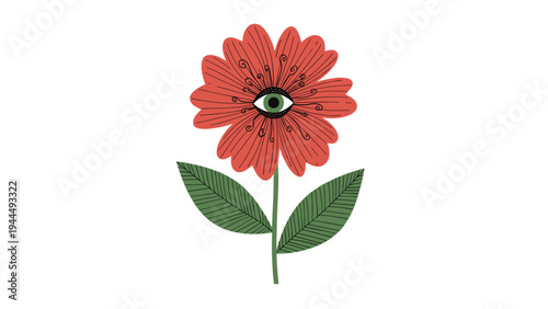 Surreal red flower with a large green eye in the center and detailed vein patterns on the petals and leaves in a unique artistic style.