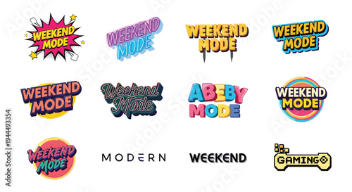 Weekend mode typography designs, creative logos, modern lettering, playful style, colorful text, branding concept, social media, merchandise, flat vector illustrationWeekend 