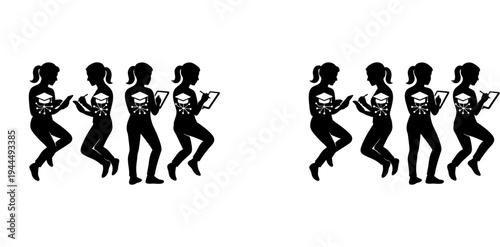 Professional vector illustration featuring dynamic silhouettes in rhythmic motion with ponytails and skull shirt designs, symbolizing dance, energy, rhythm, and creative performance branding.