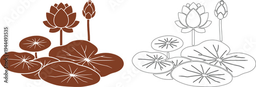 Brown and black lotus plant silhouettes with leaves