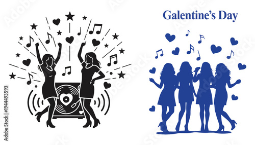 Galentine's Day celebration with women silhouettes and music icons