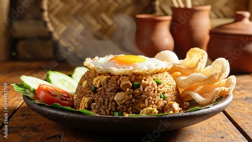 Prepared dish with fried egg and vegetables on a rustic table