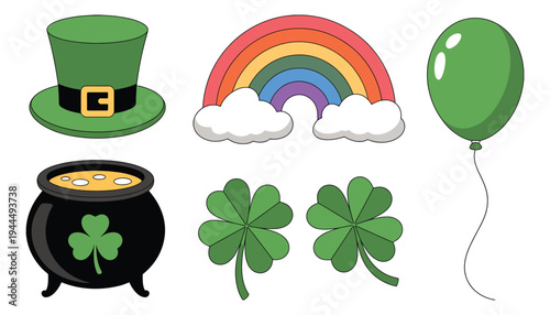 St Patrick’s Day Icons with Leprechaun Hat, Rainbow, Shamrock Clover, Green Balloon, Gold Pot, Festive Irish Holiday Vector Illustration.