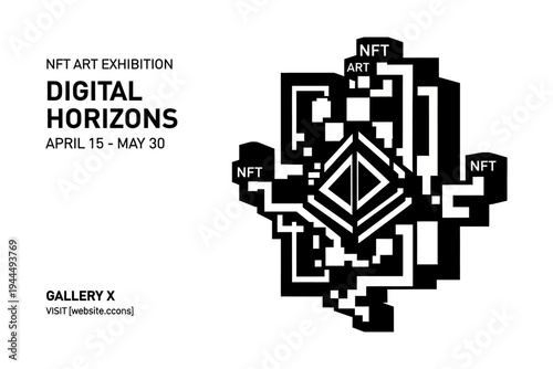 Digital Horizons: An avant-garde promotional piece for a digital art exhibition, showcasing abstract design and futuristic theme.