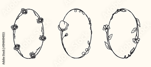 Hand drawn crayon frame with spring flowers. Charcoal summer wild florals in doodle style. Wax crayon sketch of plants. Ink minimal botanic collection. Grunge borders. Isolated vector illustration.