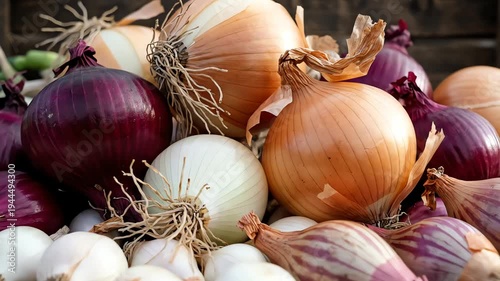 Variety of fresh onions close up of bulb vegetables on rustic surface