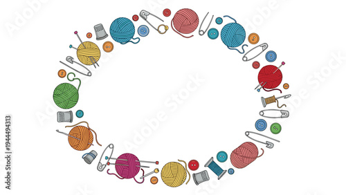Sewing and knitting tools arranged in an oval frame including yarn balls, buttons, safety pins, and needles for a crafty creative concept.