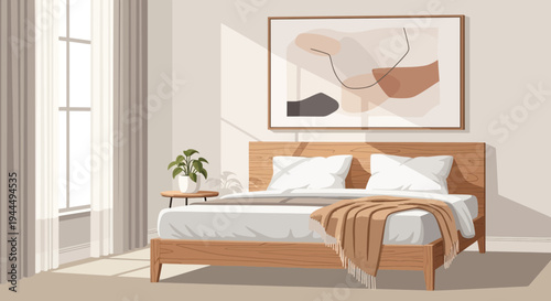 Cozy Minimalist Bedroom Interior with Natural Light and Modern Artwork