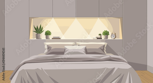 Cozy Modern Minimalist Bedroom Interior Design with Illuminated Niche