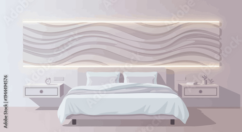 Elegant Bedroom Interior Design with Wavy Headboard and Subtle Lighting