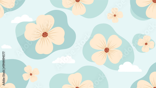 Floral seamless pattern shows light peach flowers and white clouds floating over abstract blue shapes for a soft and dreamy background design.
