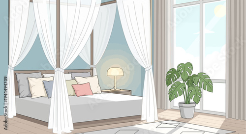 Inviting bedroom interior with canopy bed and sunlit window