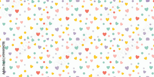 Cute repeating pattern of colorful hearts and dots on white background for kids or valentine greeting card
