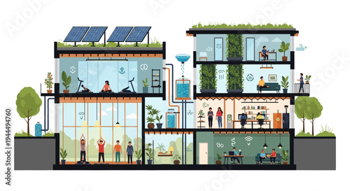 Eco-Friendly Smart Building Diagram: Sustainable Urban Living with Green Architecture, Solar Panels, Rainwater Harvesting, Fitness & Co-working Spaces