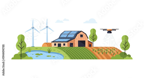 Modern Smart Farm Concept with Drone, Solar Energy, and Wind Power for Sustainable Agriculture