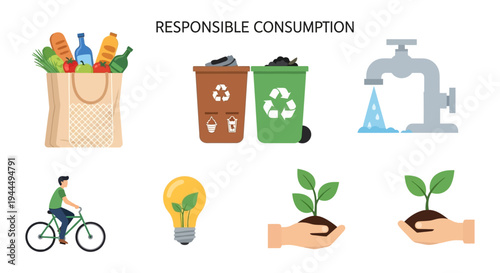 Responsible Consumption & Sustainable Living Icons: Eco-Friendly Habits, Recycling, Water & Energy Saving, Green Lifestyle Choices