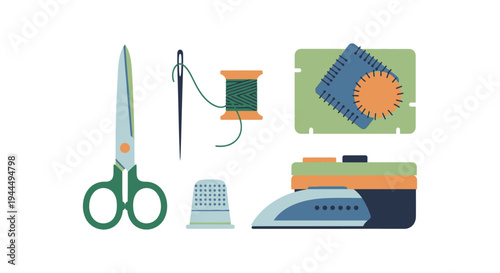Sewing and Tailoring Tools Set Vector Illustration. Craft and Hobby Supplies with Scissors, Needle, Thread, Thimble, Iron, and Pincushion. DIY Fashion Concept.