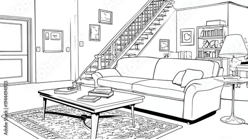 Detailed line art illustration of a traditional living room interior with a staircase, sofa, and coffee table in black and white.