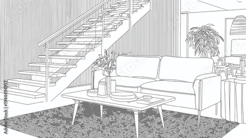 Modern living room interior design line art illustration with a comfortable sofa, coffee table, and elegant staircase