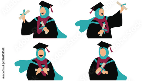 A graduate woman in hijab and academic regalia celebrating with diploma