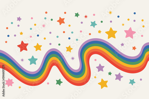 Colorful rainbow wave with stars and dots on a light background, fun retro style, playful background