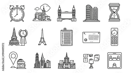 Line Art Icons Set: Global Travel, Time Management, Business & Cityscape Elements for Web & App Design